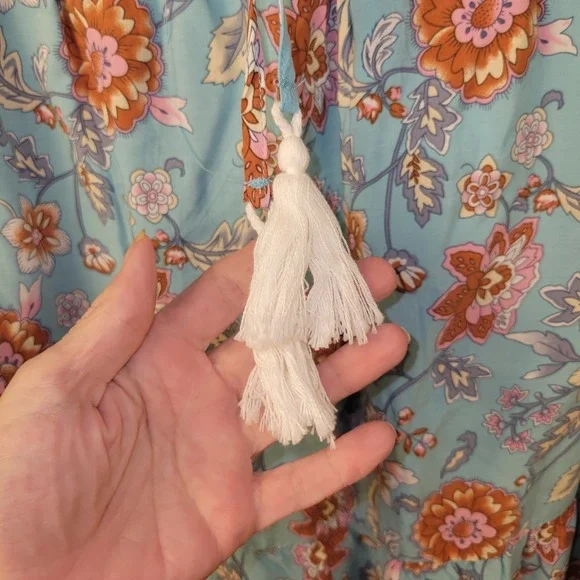 Boho Floral Mini Dress Womens M Blue Peasant Tassel Tie Tiered Babydoll Festival - Picture 4 of 9